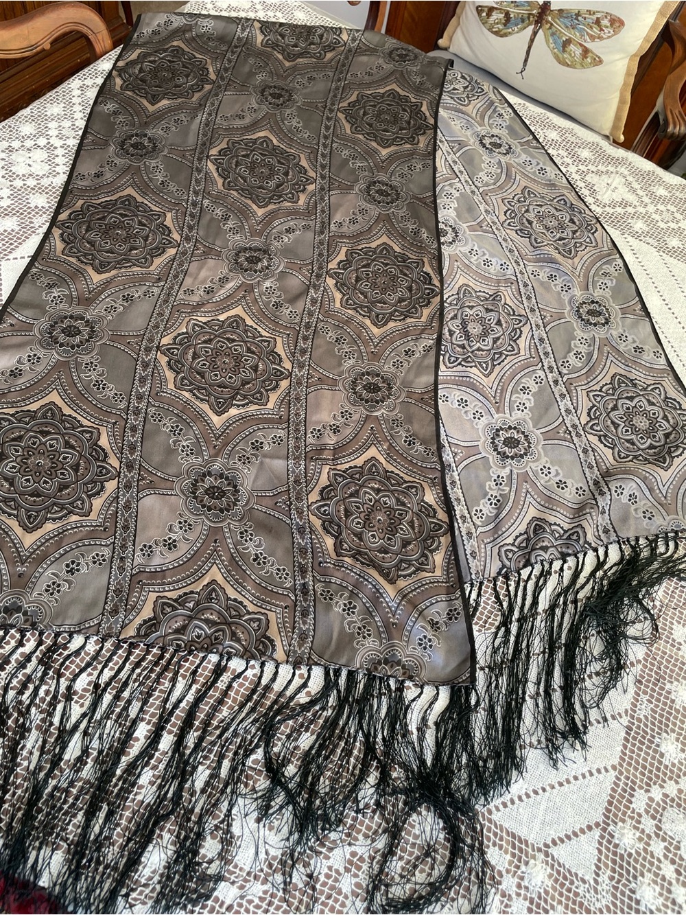 Elegant Black Silver Beige Brown Paisley Fringe Scarf w black embellishing Silk?